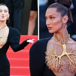 Bella Hadid stuns in risqué display as she covers cleavage with only a necklace at Cannes