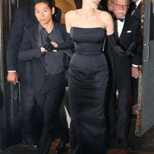 Angelina Jolie Stuns in Strapless Black and White Gown at U.N. Dinner With Kids