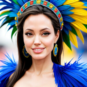 Embracing the vibrant energy of Rio Carnival in beautiful Brazilian attire, Angelina Jolie exudes pure happiness and joy.