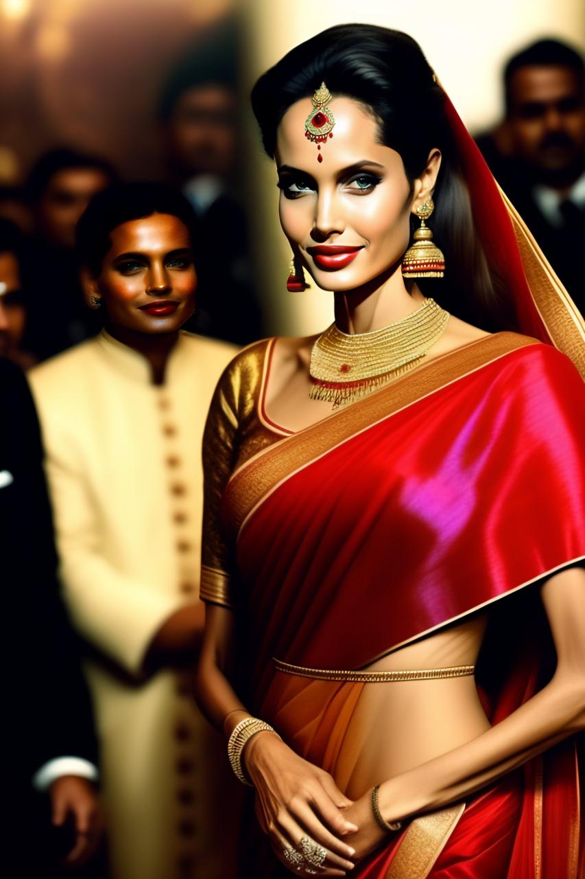 Lexica - Young angelina jolie wearing a saree-beautiful-looking elegant  with a wedding in the background