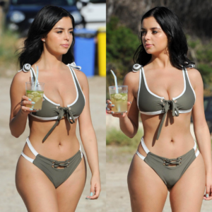 Demi Rose in a khaki draw-string outfit