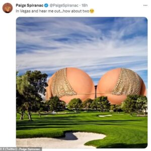 Golf glamor girl Paige Spiranac makes a VERY rude Las Vegas Sphere suggestion… while attending the latest LIV Golf event