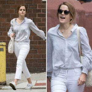 Effortlessly Stylish: Emma Watson sports a plaid top and white skinnies for a leisurely day in the Big Apple vs