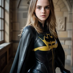 Channeling her inner superhero vibes, Emma Watson strikes a fierce pose in her Batman costume! 💥 #SuperheroSaturday