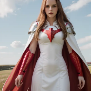 🌹 A modern-day fairy tale: Emma Watson looking regal in her white dress and vibrant red cape, exuding elegance and grace. #EnchantingBeauty