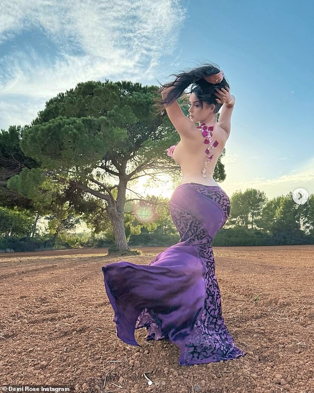 The influencer, 28, put on a daring display as she posed in a field in a flowing purple maxi skirt that showcased her hourglᴀss figure