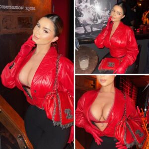 Demi Rose turning up the heat  Rocking a red leather jacket and flaunting a Sєxy bra underneath. Confidence level