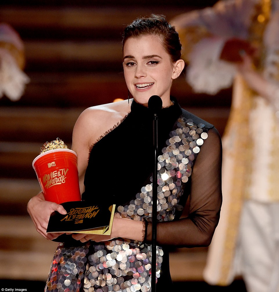 Emotional: Emma Watson won the first MTV Movie Award of the night in the first ceremony that didn't separate nominees based on gender