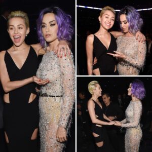 Katy Perry’s priceless expression says it all as she reacts to Miley Cyrus’s bold fashion statement backstage at the Grammys.