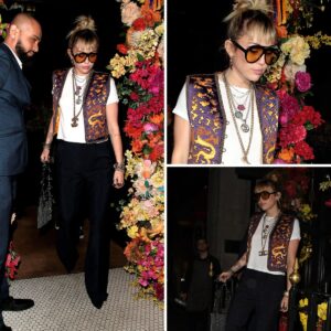 Miley Cyrus looks cool in a colorful vest and Chanel necklace as she leaves Gymkhana restaurant