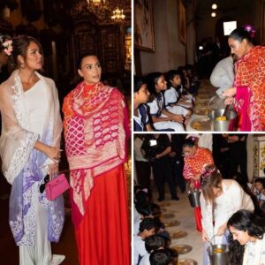 Kim and Khloe Kardashian serve food to children, visit Mumbai temple