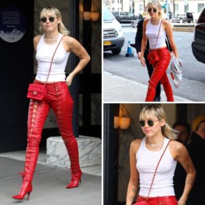 Miley Cyrus stole the spotlight at Fashion Week in a sizzling red leather ensemble, proving once again she’s a fearless style icon on fire!