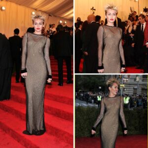 Throwback to Miley Cyrus rocking a daring mesh Marc Jacobs dress at the Met Gala red carpet in 2013. Who could forget that iconic glam moment