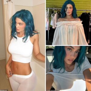 Kylie Jenner flashes her abs in a tiny white tank top as she continues to rock new blue hair